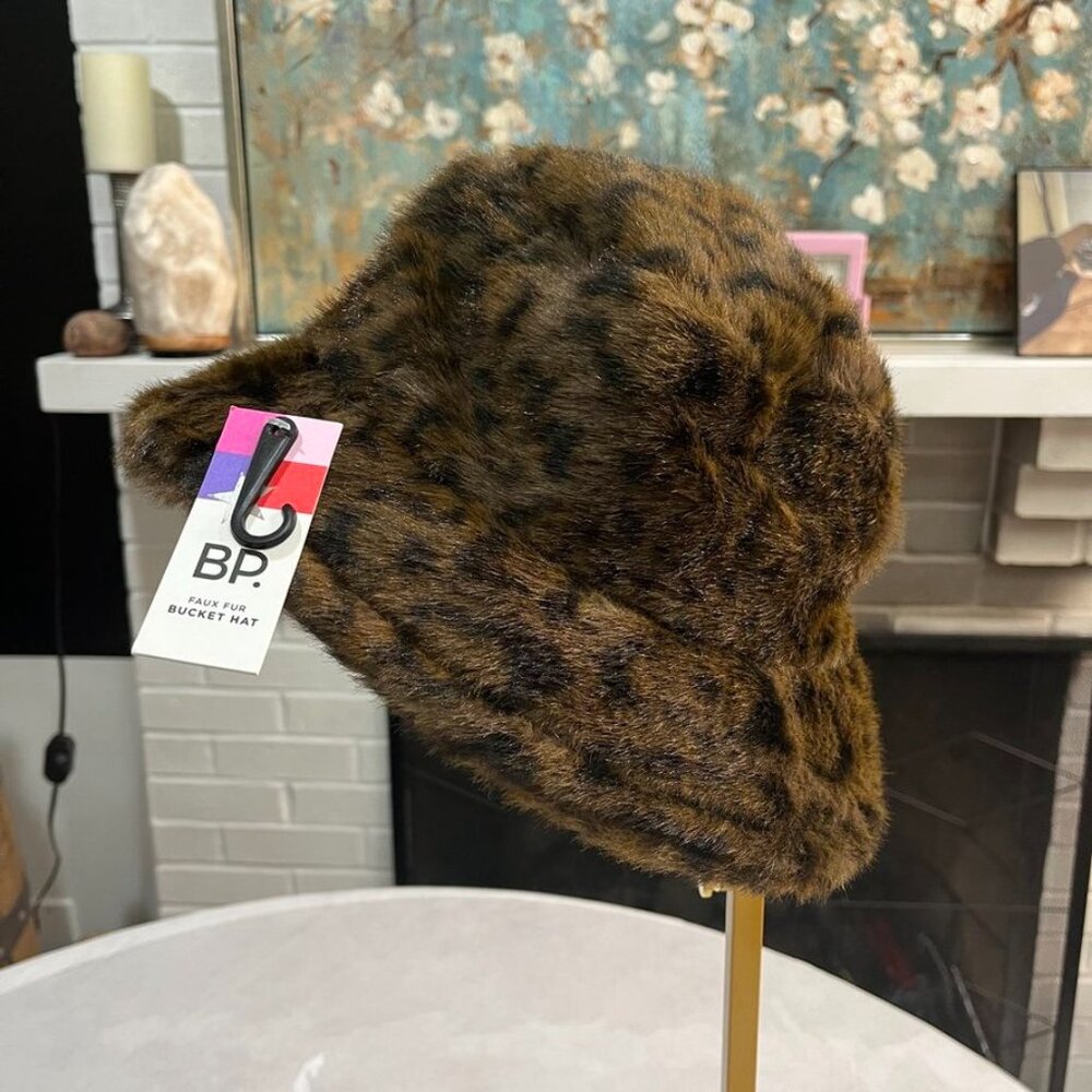 BP. Faux Fur Leopard Print Bucket Hat Brown Black Plush One Size Nordstrom NWT - Picture 2 of 12